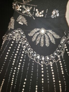 Vintage Late 60's Made In Hong Kong 100% Wool Crystals Faux Pearls Peplum Dress